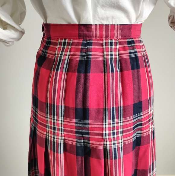 Pendleton Vintage 80s Wool Pleated Maxi Skirt Preppy Navy Blue Red Plaid Size 8 - Picture 11 of 15